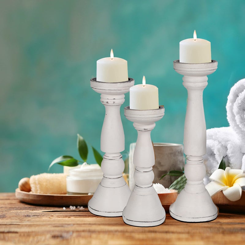 Light & Pro Set of 3 White Antique Farmhouse Wood Pillar Candle Holders - Tall Rustic Candle Holders for Home Decor, Centerpieces, and Weddings, Heights: 16", 14", 12" - Image 3